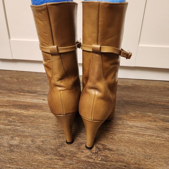 Vintage Tan Leather Mid-Calf Slouchy Heeled Boots 7.5M - Picture 8 of 9